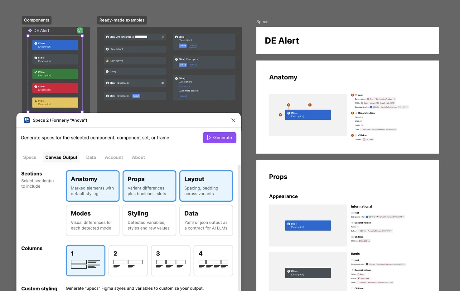 Composite view of the Spectacular plugin in Figma: the plugin UI panel alongside a generated on-canvas spec output and the structured spec data it extracts.