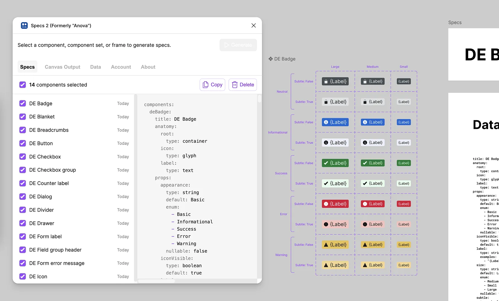 The Spectacular plugin's Data tab open for a DE Badge component, showing the Copy button next to the generated YAML, with the component's Figma artwork and generated Data spec visible behind it