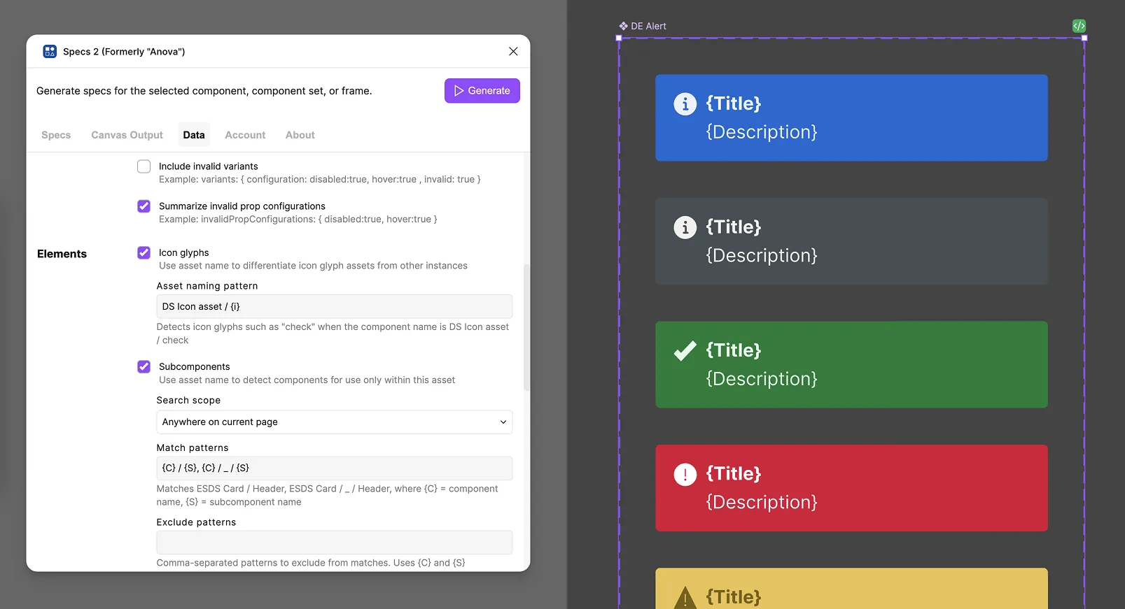 The Spectacular plugin's Data settings, showing Elements options like Icon glyphs and Subcomponents with their asset naming patterns and search scope, alongside a DE Alert component's artwork